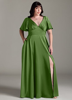 Azazie Kimber Bridesmaid Dresses Basil A-Line Ruched Stretch Satin Dress image3