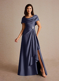 Azazie Branford Mère de la mariée Robes Robe Trapèze en Satin extensible Plissé Bleu Orageux image1