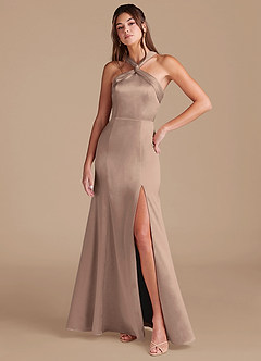Azazie Rue Bridesmaid Dresses Taupe Mermaid Pleated Metallic Satin Dress image3