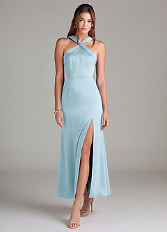 Azazie Rue Vestidos de damas de honor Vestido de Azul Cielo de Satén Elástico de Corte Sirena con Plisado image3