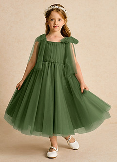 Azazie Dori Robe Demoiselle D'honneur Fillette Robe Trapèze en Tulle Rayé Olive image2