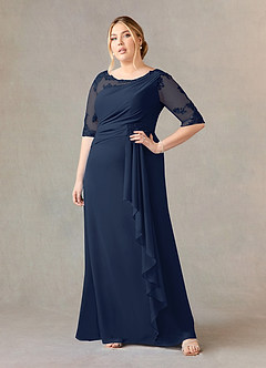 Azazie Dionysus Mother of the Bride Dresses Dark Navy A-Line Boatneck Lace Chiffon Dress image6