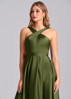 Azazie Dixie Robes de demoiselle d'honneur Robe Trapèze en Satin extensible Plissée Olive image6