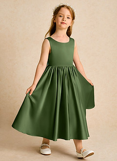 Azazie Doodlebug Flower Girl Dresses Olive A-Line Bow Matte Satin Dress image2