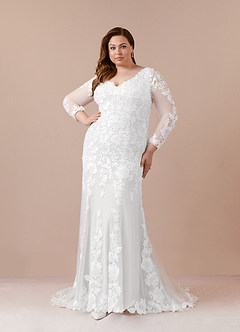 Azazie Dulce Amor Wedding Dresses Diamond White Mermaid V-Neck lace Tulle Dress image11