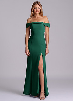 Azazie Luciana Bridesmaid Dresses Emerald Sheath Off the Shoulder Chiffon Convertible Dress image1