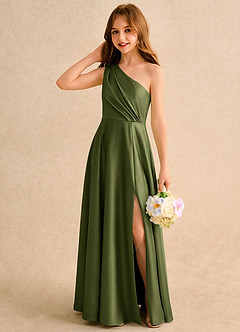 Azazie Puddles Girls Formal Flower Girl Klänningar Klä A-Line i Stretch Satin Ena axeln image3