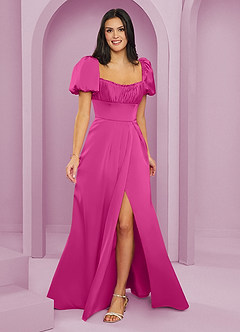 Barbie ♥ Azazie Vestidos de damas de honor Vestido de Fucsia de Satén Elástico de Corte en A con Volante image1