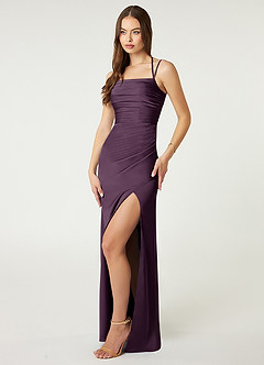 Azazie Desi Bridesmaid Dresses Plum Sheath Halter Corset Stretch Satin Dress image4