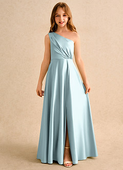 Azazie Puddles Girls Formal vestidos de niña de las flores Vestido de Neblina de Satin Mate de Corte en A con Hombro unilateral image4