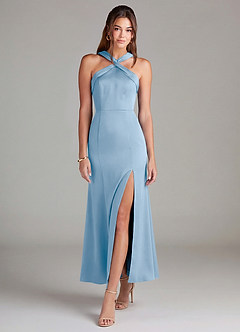 Azazie Rue Bridesmaid Dresses Powder Blue Mermaid Pleated Stretch Satin Dress image3