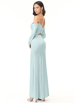 Azazie Hallie Jurken voor bruidsmeisjes Converteerbaar Jurk van Stretch Satijn met Kolom Off-the-shoulder lange mouw Zeeglas image9