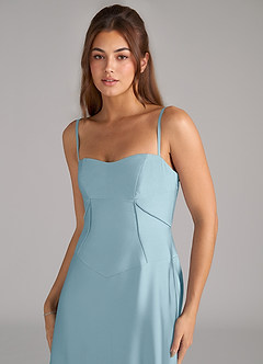 Azazie Valentine Bridesmaid Dresses Moody Blue A-Line Corset Stretch Satin Dress image6