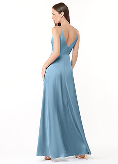 Azazie Dalilah Vestidos de damas de honor Vestido de Azul Acero de Satén Elástico de Corte en A con Cuello en V plisado image2