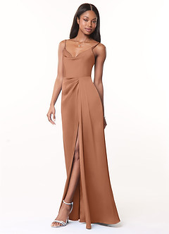 Azazie Brielle Bridesmaid Dresses Bronzer A-Line Cowl Spaghetti Straps Stretch Satin Dress image3