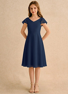 Azazie Narin Girls Formal Flower Girl Dresses Dark Navy A-Line with Sleeves Chiffon Dress image5
