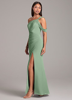Azazie Wynter Bridesmaid Dresses Matcha Sheath Off the Shoulder Chiffon Dress image3
