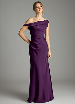 Azazie Emerson Bridesmaid Dresses Grape Mermaid Off the Shoulder Stretch Satin Dress image1