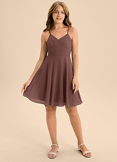 Azazie Avelina Junior Espresso A-Line Pleated Chiffon Dress image1