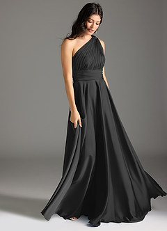 Azazie Charlize Bridesmaid Dresses Black A-Line One Shoulder Stretch Satin Dress image11