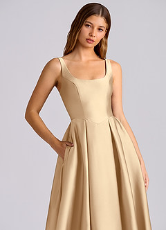 Azazie Amalie Bridesmaid Dresses Champagne A-Line Pleated Stretch Satin Dress image2