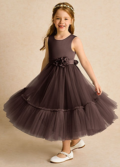 Azazie Miracle Blumenmädchenkleider A-Linie Schleifen Matte Satin Kleid Ganache image4