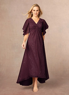 Azazie Mollina Mother of the Bride Dresses Berry A-Line Ruffle Flutter Sleeve Metallic Mesh Dress image1