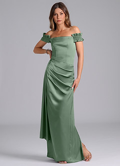 Azazie Kalysia Jurken voor bruidsmeisjes Converteerbaar Jurk van Stretch Satijn met Zeemeermin Off the Shoulder Matcha image3