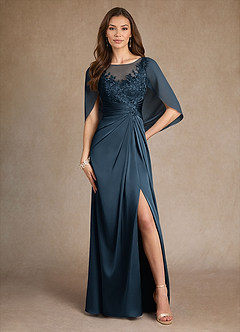 Azazie Hera vestidos de madre de la novia Vestido Azul Marino Oscuro de Satén Elástico de Corte en A con Encaje image1