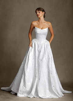 Azazie Ellie Wedding Dresses Diamond White A-Line Strapless Floral Jacquard Dress image11