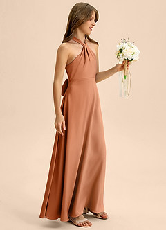 Azazie Beah Junior Copper A-Line Pleated Stretch Satin Dress image6