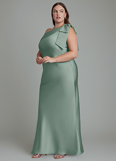 Azazie Yuanna Vestidos de damas de honor Vestido Salvia Plateada de Satén Elástico de Corte Sirena con Un hombro image6