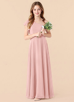 Azazie Arabella Junior Vestido de Rosa Empolvado de Gasa de Corte en A con Volante image3