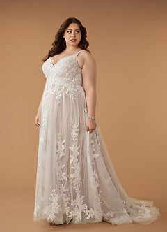 Azazie Delaina Wedding Dresses Diamond White Caramel A-Line V-Neck Sequins Tulle Dress image14