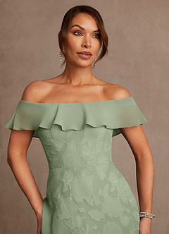 Azazie Marina Mother of the Bride Dresses Dusty Sage A-Line Off the Shoulder Floral Burnout Dress image5