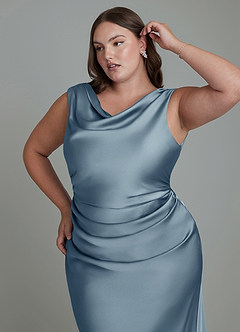 Azazie Kieryn Bridesmaid Dresses Dusty Blue Mermaid Pleated Stretch Satin Dress image12