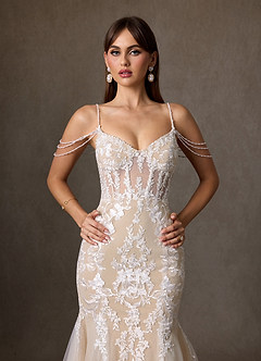 Azazie Denise Abiti da Sposa Abito Sirena in Tulle Lustrini Bianco Diamante Champagne image6