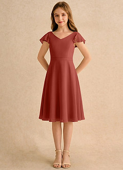 Azazie Narin Girls Formal Robe Demoiselle D'honneur Fillette Robe Trapèze en Mousseline de soie avec manches Terracotta image5