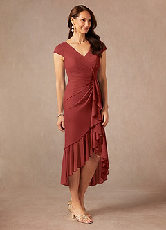 Azazie Renetta Mother of the Bride Dresses Rust Sheath V-Neck Pleated Mesh Dress image5