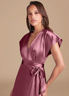 Azazie Nico Vestidos de damas de honor Vestido de Rosa Del Desierto de Satén Metálico de Corte en A con Plisado image2