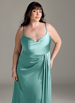 Azazie Brielle Bridesmaid Dresses Aqua A-Line Cowl Spaghetti Straps Stretch Satin Dress image11