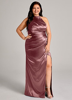 Azazie Jemma Bridesmaid Dresses Vintage Mauve Sheath Pleated Metallic Satin Dress image11