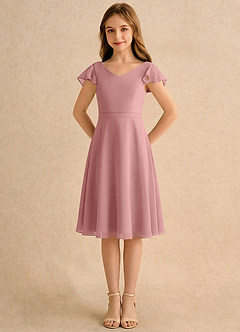 Azazie Narin Girls Formal Robe Demoiselle D'honneur Fillette Robe Trapèze en Mousseline de soie avec manches Rose Poussiéreuse image5