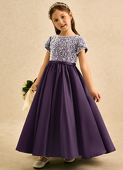 Azazie Cashew Flower Girl Dresses Plum Ball-Gown with Sleeves Matte Satin Dress image3