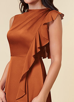 Azazie Narine Mother of the Bride Dresses Cinnamon A-Line High Neckline Pleated Stretch Satin Dress image4
