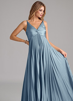 Azazie Raychelle Bridesmaid Dresses Dusty Blue A-Line Pleated Stretch Satin Dress image7