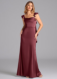 Azazie Adi Bridesmaid Dresses Merlot A-Line Pleated Stretch Satin Dress image4