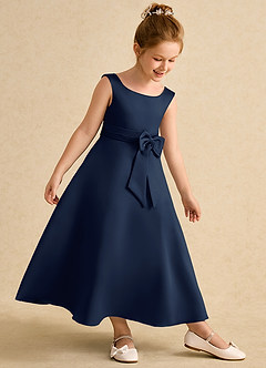 Azazie Eve Blumenmädchenkleider A-Linie Plissee Matte Satin Kleid Dunkelmarine image3