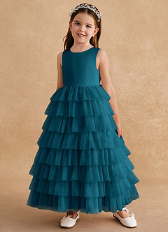 Azazie Twinkle Toes Flower Girl Dresses Ink Blue A-Line Bow Tulle Dress image2