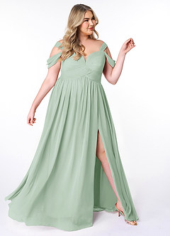 Azazie Lianne Bridesmaid Dresses Agave A-Line Off the Shoulder Chiffon Dress image10
